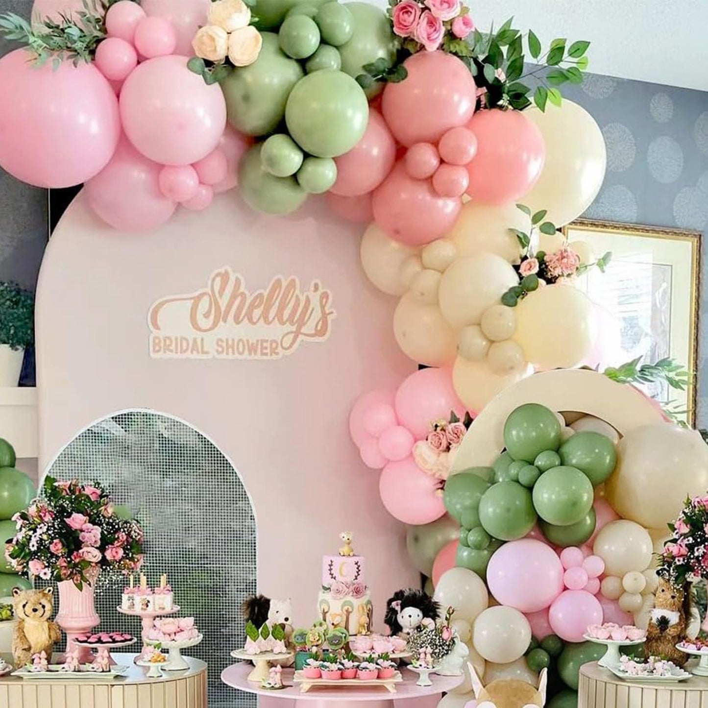 Sage Green Pink Balloon, 60 Packs 12 Inch Olive Green Pink Balloon with Sand White Metallic Gold Balloons for Floral Fairy Wildflower Baby Shower Birthday Woodland Garden Tea Party Party Decorations