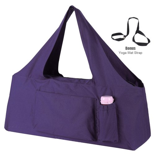 KUAK Extra Large Yoga Mat Bag with Zippered Top & 5 Pockets - Premium Canvas Tote with Yoga Mat Carrying Strap for Pilates, Gym, Fitness Block & Gear-Purple