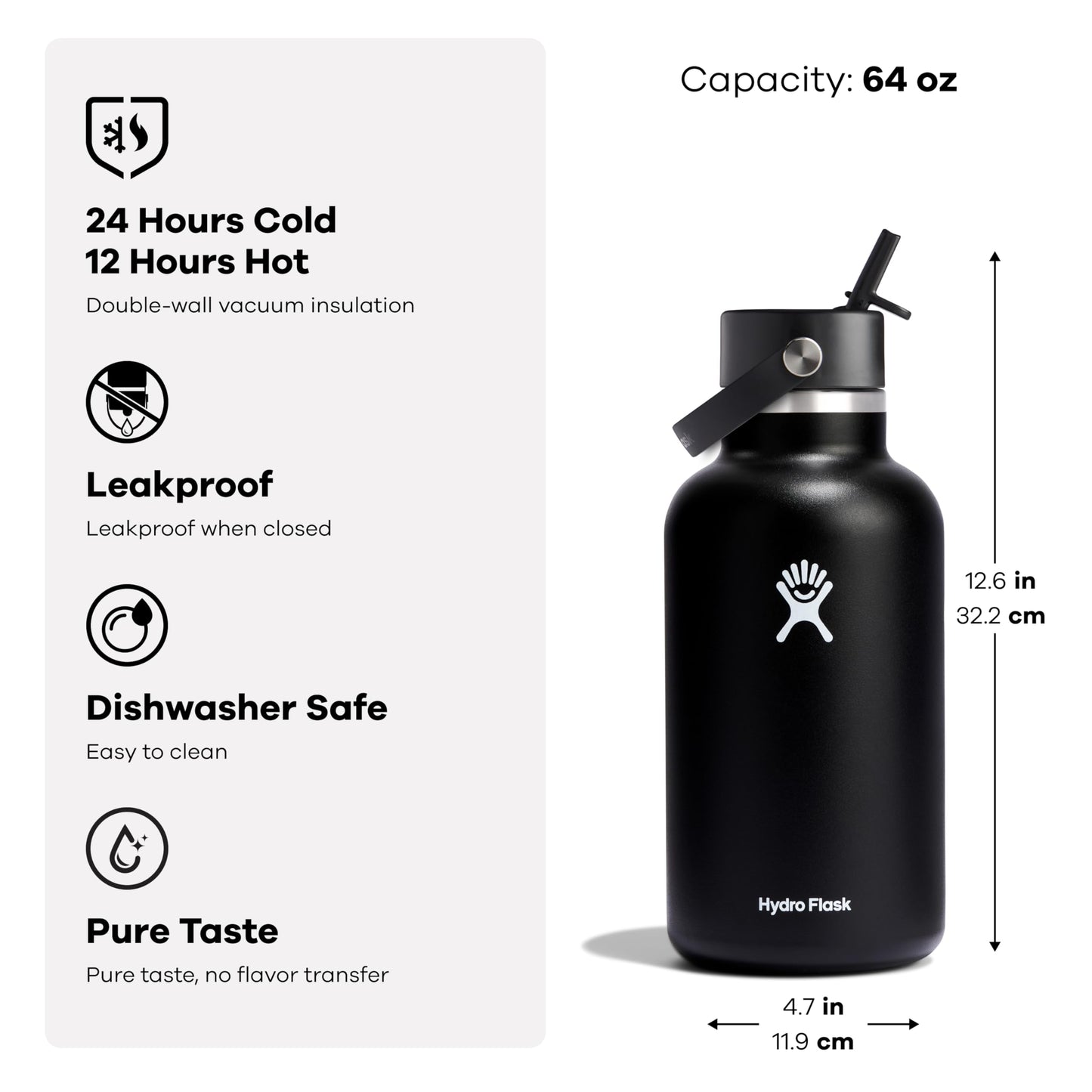 Hydro Flask Water Bottle - Insulated Stainless Steel - Wide Mouth Flex Straw Lid, Non Spill, Leakproof and Refillable in 64 Oz Tonal Oat
