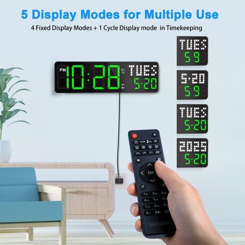 Gym Timer, 12'' Digital Wall Clock with Seconds Date for Home Gym, 5 Display Modes |4 Alarms | Remote Control Interval Workout Countdown Timer/Stopwatch for Classroom Office Living Room