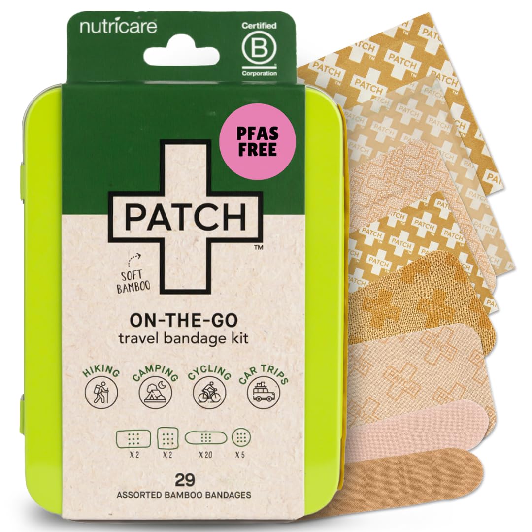 PATCH On-The-Go Natural Bamboo Adhesive Bandage Travel Kit for Sensitive Skin, Eco-Friendly Hypoallergenic Bandages, 29 ct
