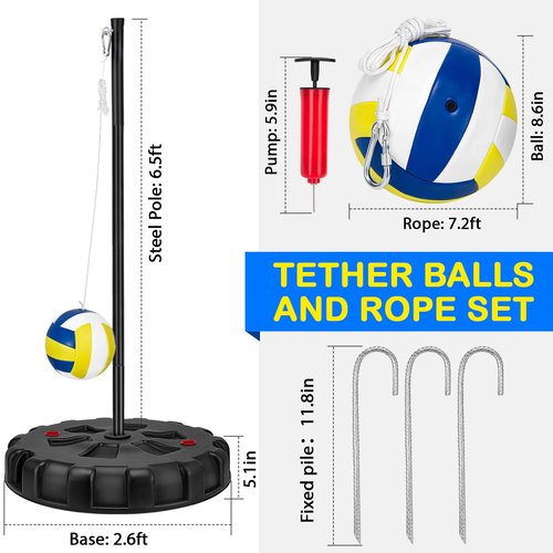 Tetherball Set, Portable Tetherball Ball and Rope, Heavy Duty Tether Balls and Rope Set with Pole & Base for Backyard Lawn Beach Dog, Adjustable Height Tetherball Equipment for Outdoor Family Fun Game