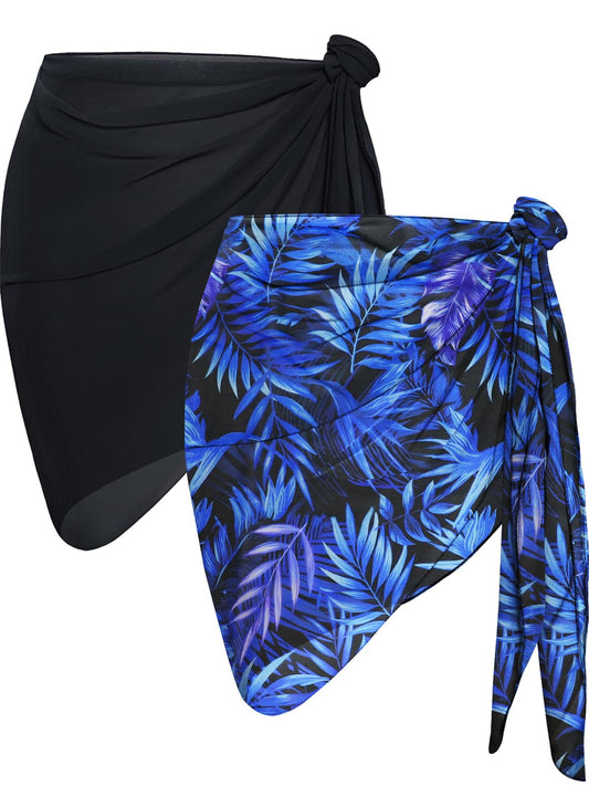 2 Pieces Sarong Cover Ups for Women Beach Bathing Suit Wrap Sheer Short Skirt Bikini Chiffon Scarf for Swimwear (Black, Blue Leaves)