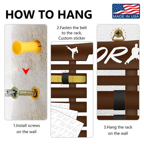 SD FACTORY 12 Belts Karate Belt Display Rack with Stickers Wall Mounted Taekwondo Belt Display No Assembly Required BJJ Kids and Adults Hanging Stands (12)
