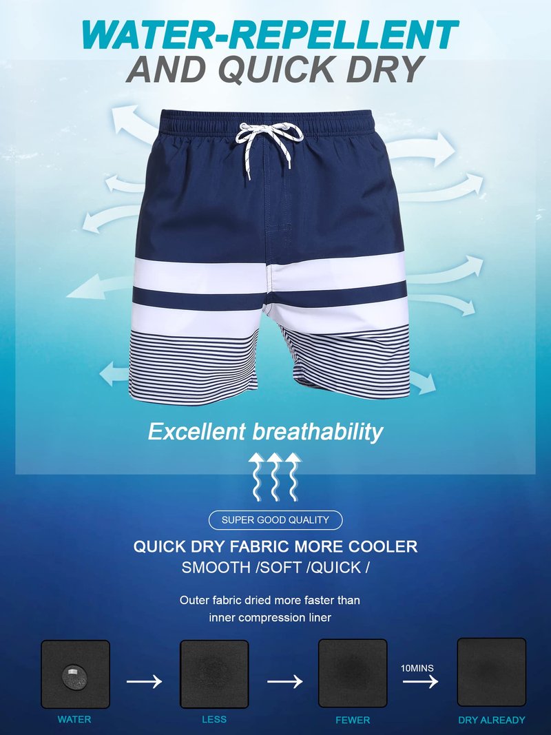SILKWORLD Quick Dry Mens Swim Trunks with Compression Liner Stretch Swim Shorts Bathing Suits with Zipper Pockets,Dark Navy&White Stripes,Large