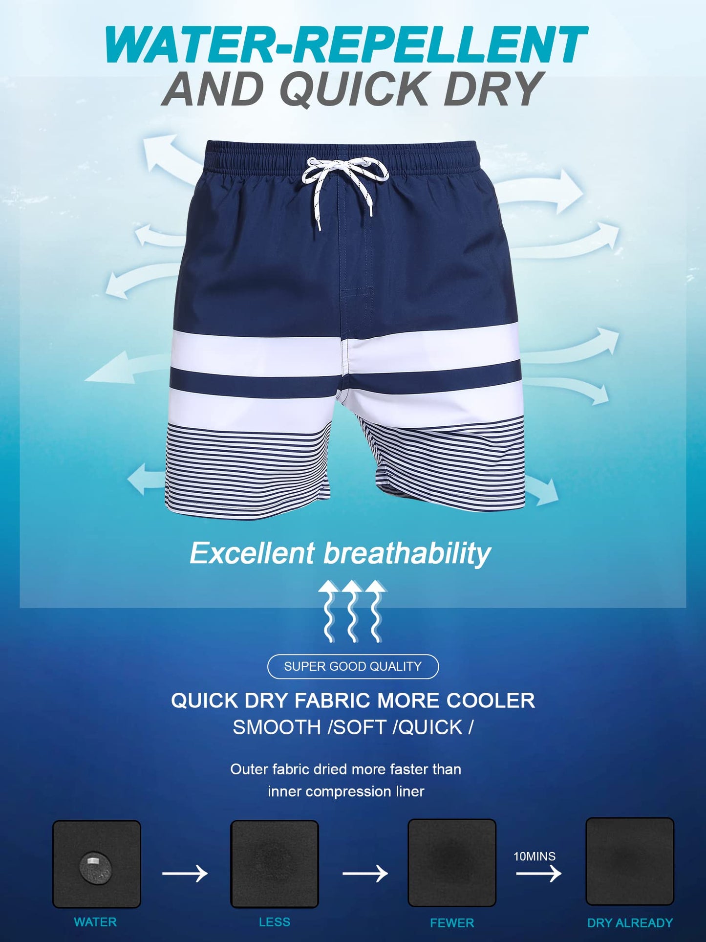 SILKWORLD Quick Dry Mens Swim Trunks with Compression Liner Stretch Swim Shorts Bathing Suits with Zipper Pockets,Dark Navy&White Stripes,X-Large