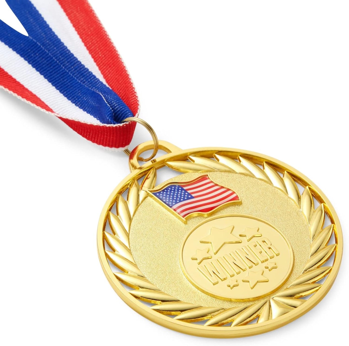Juvale Medals for Awards - 12-Pack Gold 2.75-inch Medals with 15.5-inch Red/White/Blue Neck Straps - 1st Place Award & Participation Ribbons - Competition Ribbons for Kids
