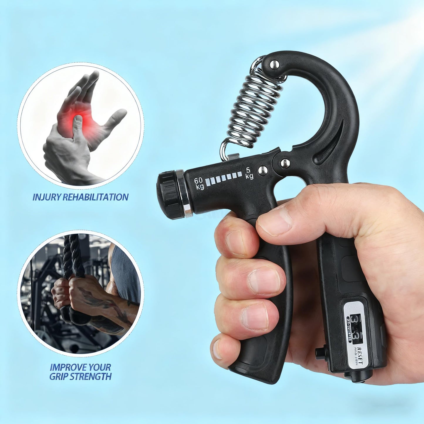 AgiliQ Grip Strength Trainer with Counter, Hand Grip Strengthener, Adjustable Resistance 11-132Lbs (5-60kg), Hand Grip Exerciser Strengthener Hand Exerciser for Muscle Building and Injury Recover (Black)