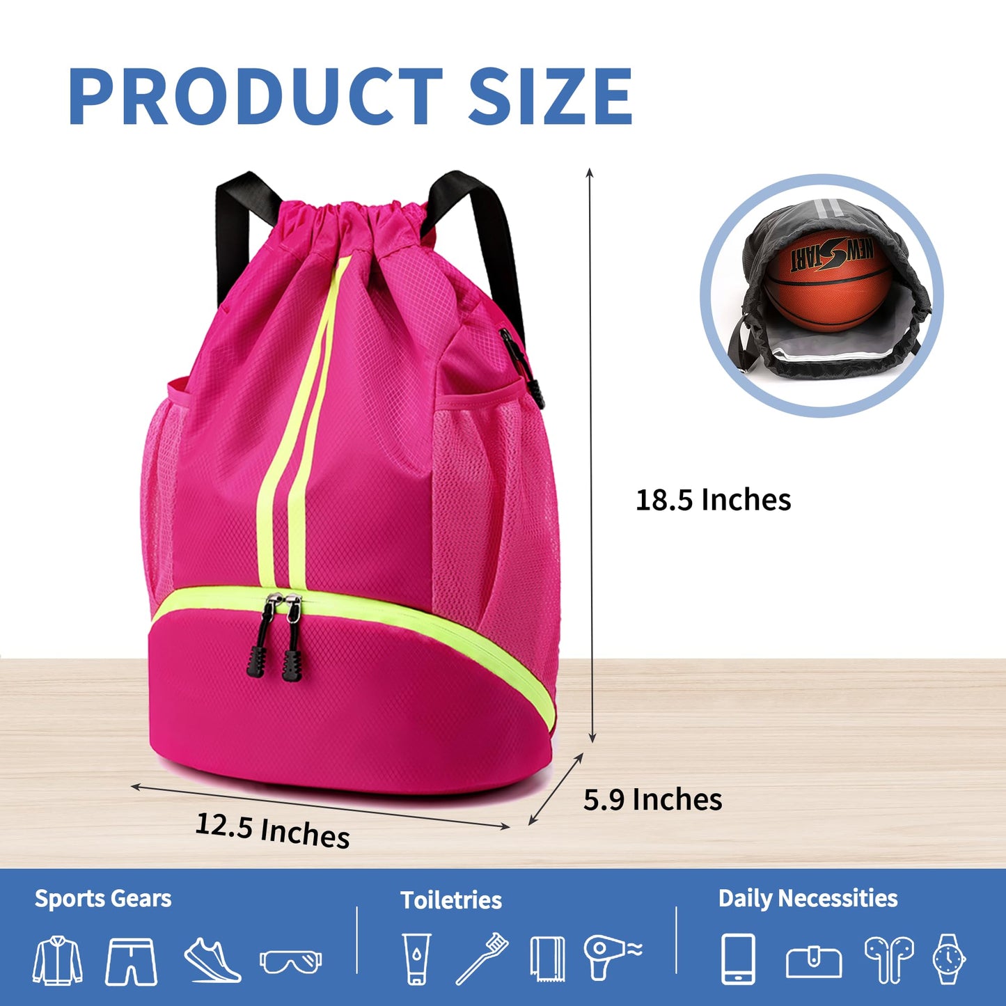 JELUTAR Drawstring Backpack Gym Bag with Shoes Compartment for Soccer, Basketball, Swim, Water-Resistant String Backpack Beach Cinch for Women Men, Rose