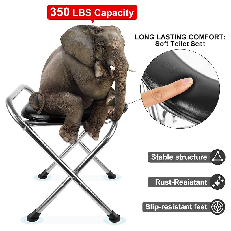 Portable Camping Toilet with Soft Seat, 350 lb Stainless Steel Foldable Travel Toilet – 16.5 Inch, Round Variation
