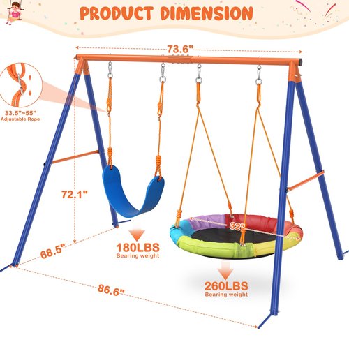 Amictoy Swing Set for Backyard with Stand - Heavy Duty 440lbs Metal A-Frame Outdoor Playset with 32" Saucer Swing & 26.2" Seats