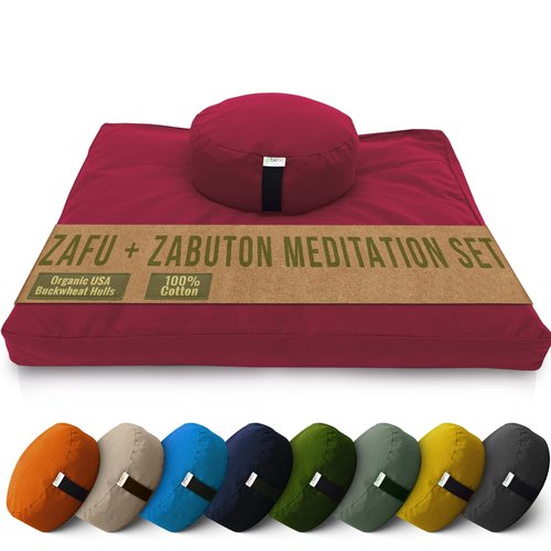 Meditation Cushion Mat Set - ROUND Zafu Floor Pillow Organic Buckwheat Pillow + Cotton Filled Zabuton Prayer Pad - Meditation Pillow Yoga Knee Pad - Made in USA - 14" Round, BURGUNDY Cotton