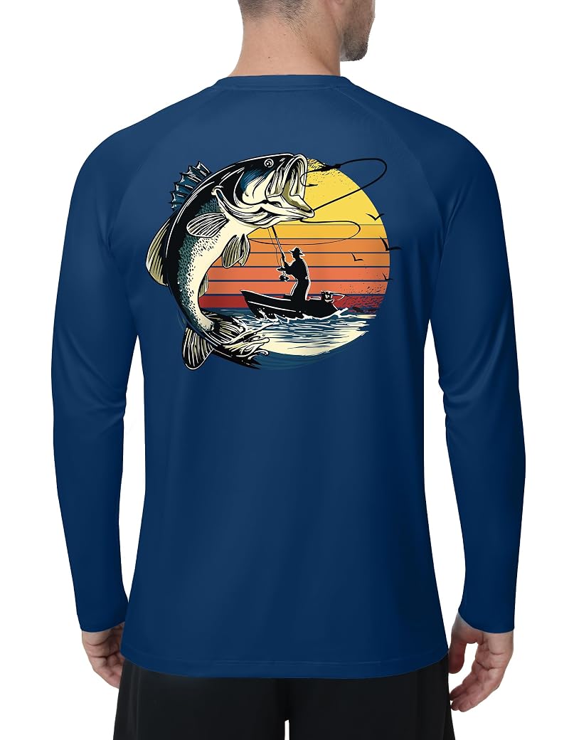 FISHEAL Men’s UPF 50+ Rash Guard Long Sleeve Fishing Shirt - Lightweight Quick Dry, 01-bass
