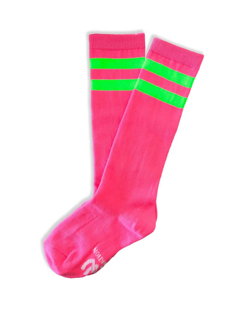 Neon Nation Unisex Kids Knee-High Sport Socks with Neon Pink & Neon Green Stripes - One Size