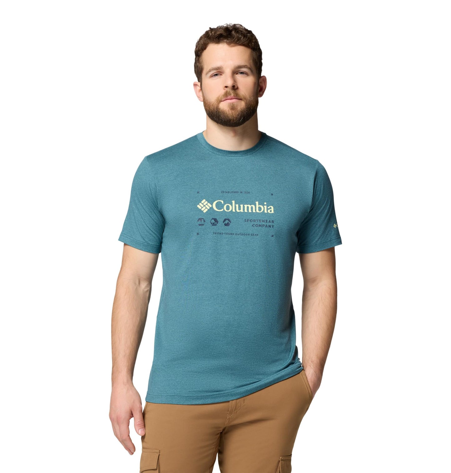 Columbia Mens Kwick Hike Graphic Short Sleeve Tee, Everblue Heather/Iconic Brand, Medium