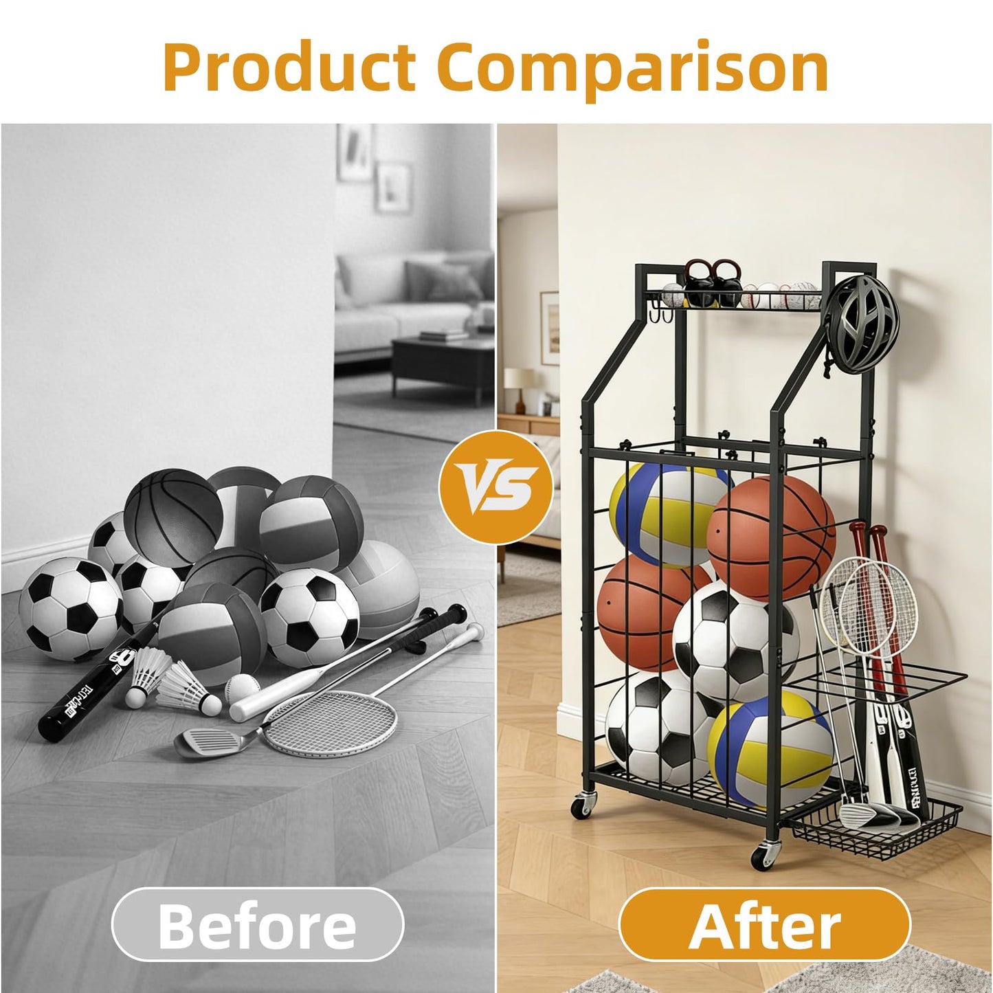 hanmir Ball Storage Rack for Garage, Rolling Sports Ball Organizer with Wheels, Baskets and Hooks, Sports Equipment Storage for Basketball Soccer Football, Garage Organizer (Black)