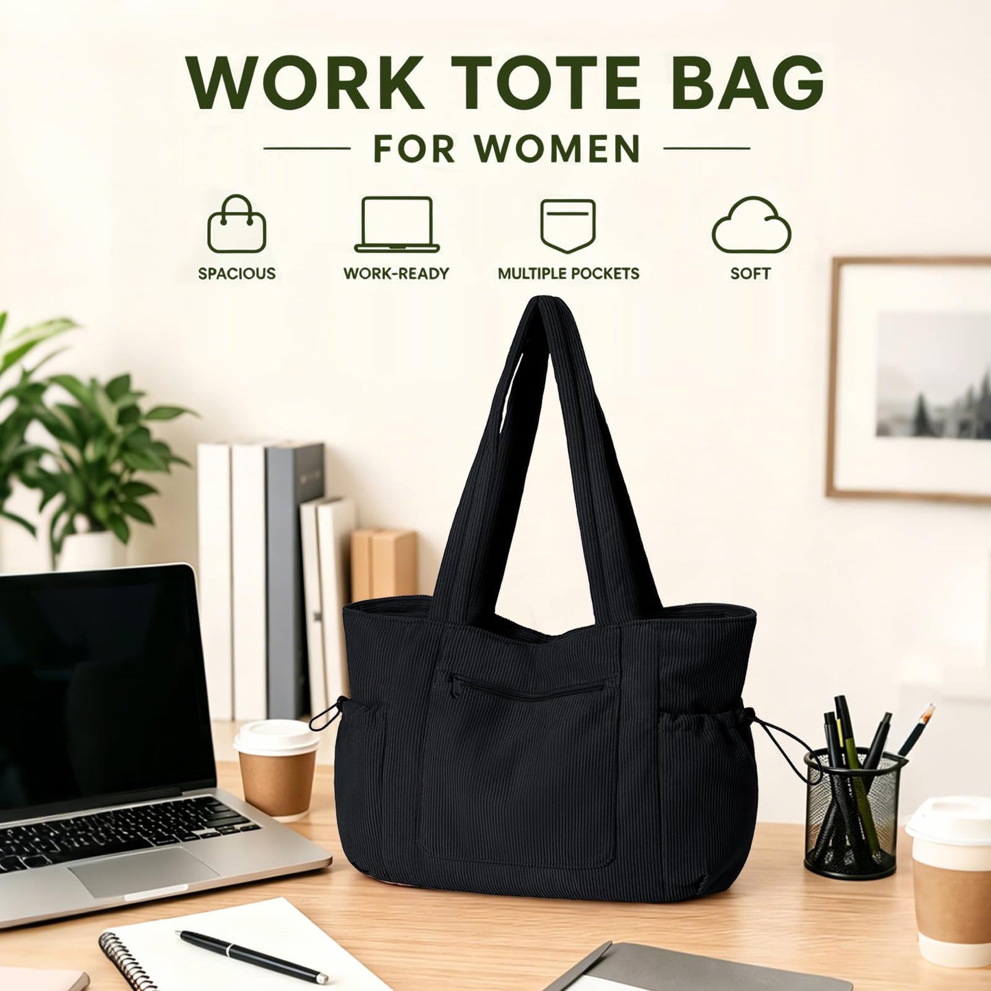 ECOHUB Oversize Work Tote Bag for Women with 40oz Cup Holder Corduroy Laptop Tote Teacher Nurse Bag for Office College Travel Black