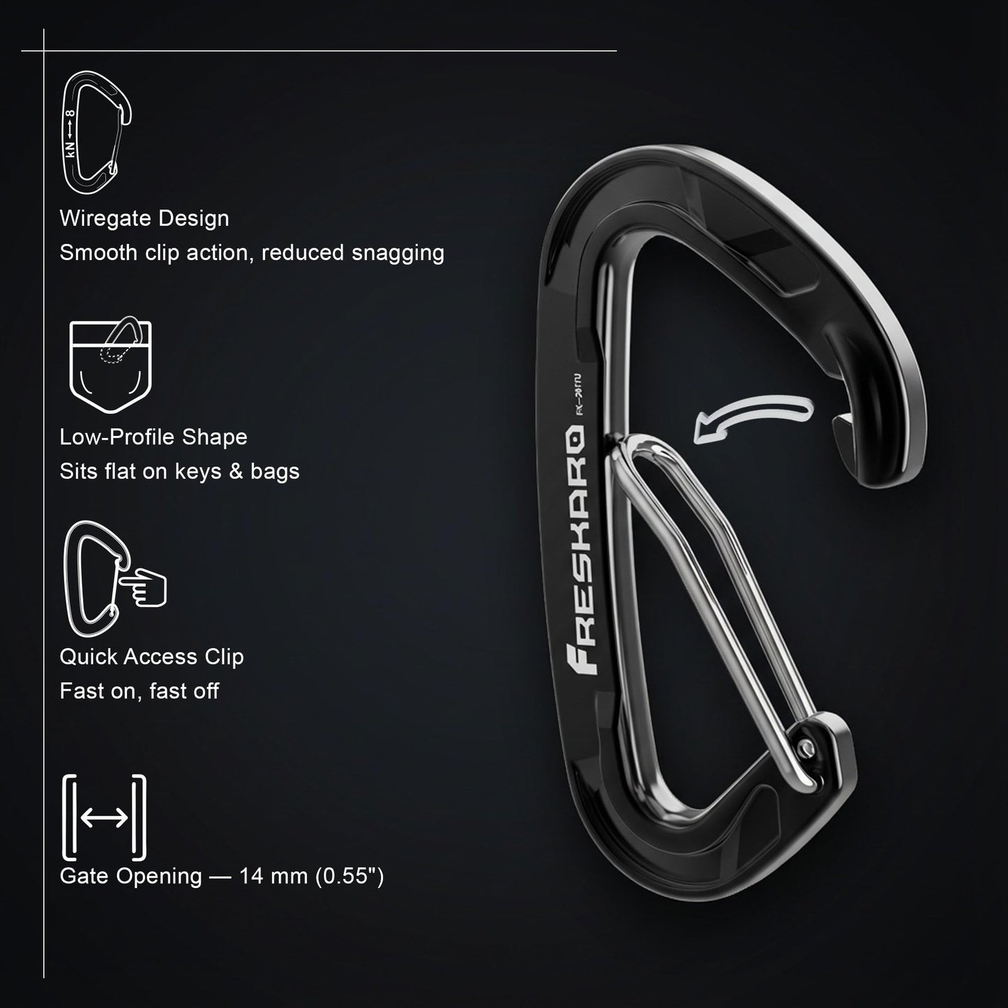 FresKaro 5pcs Nano Carabiner Clips, 8kN 1798lbs, Small Sturdy, Reliable Time-Tested Strong Spring Wiregate, Mini Size 2.37inch, Choice of 5colors