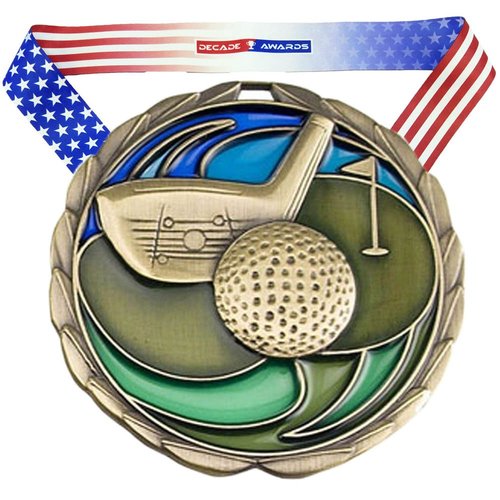 Decade Awards Golf Medal, Gold - 2.5 Inch Wide | First Place Golf Tournament Medal with Stars & Stripes Neck Ribbon