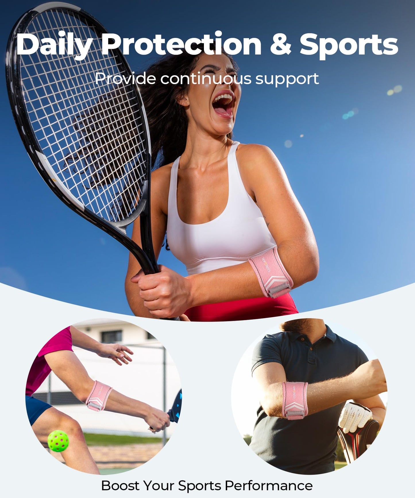 CURECARE Elbow Brace for Tennis & Golfers Pain Relief, New Updated Tennis Elbow Strap with Breathable Fabric, All Day Comfort Tendonitis Elbow Brace for Sports and Daily Life (Pink)