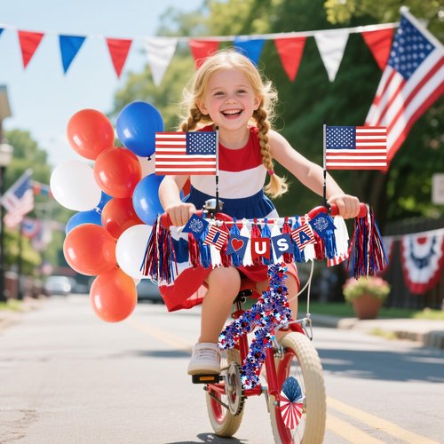4th of July Patriotic Bike Decor Include USA Patriotic Banner Paper Flower Fans USA Flags Tinsel Garlands Red White Blue Balloons Bike Ribbon Streamers and Paper Streamers Patriotic Bike Decor Set