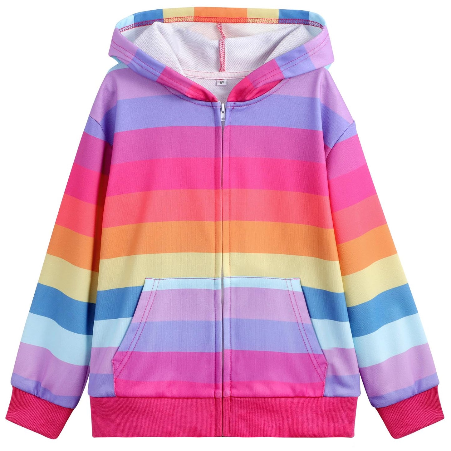 Belovance Girls Graphic Zip Up Hoodie Sweatshirt with Pockets Kids Tween Hooded Coat Casual Loose Outerwear Autumn Long Sleeves Oversized Novelty Lightweight Jacket Top Cute Rainbow Stripe 6 7 6-8
