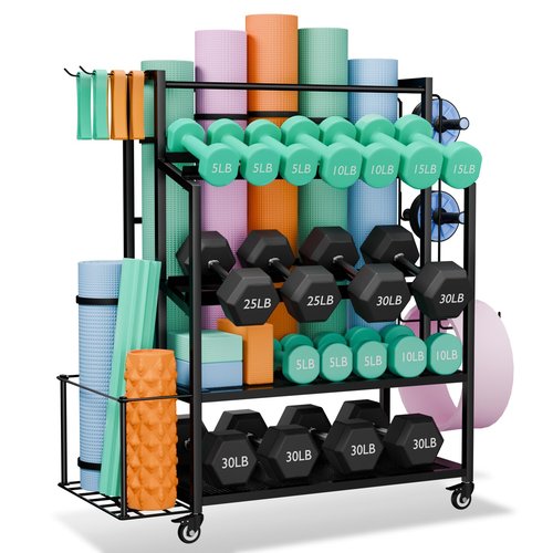 skypelia Dumbbell Rack Weight Stand - Adjustable Weight Rack for Dumbbells, Home Gym Storage Rack for Yoga Mat Foam Roller Kettlebells, Workout Equipment Storage Organizer with Wheels