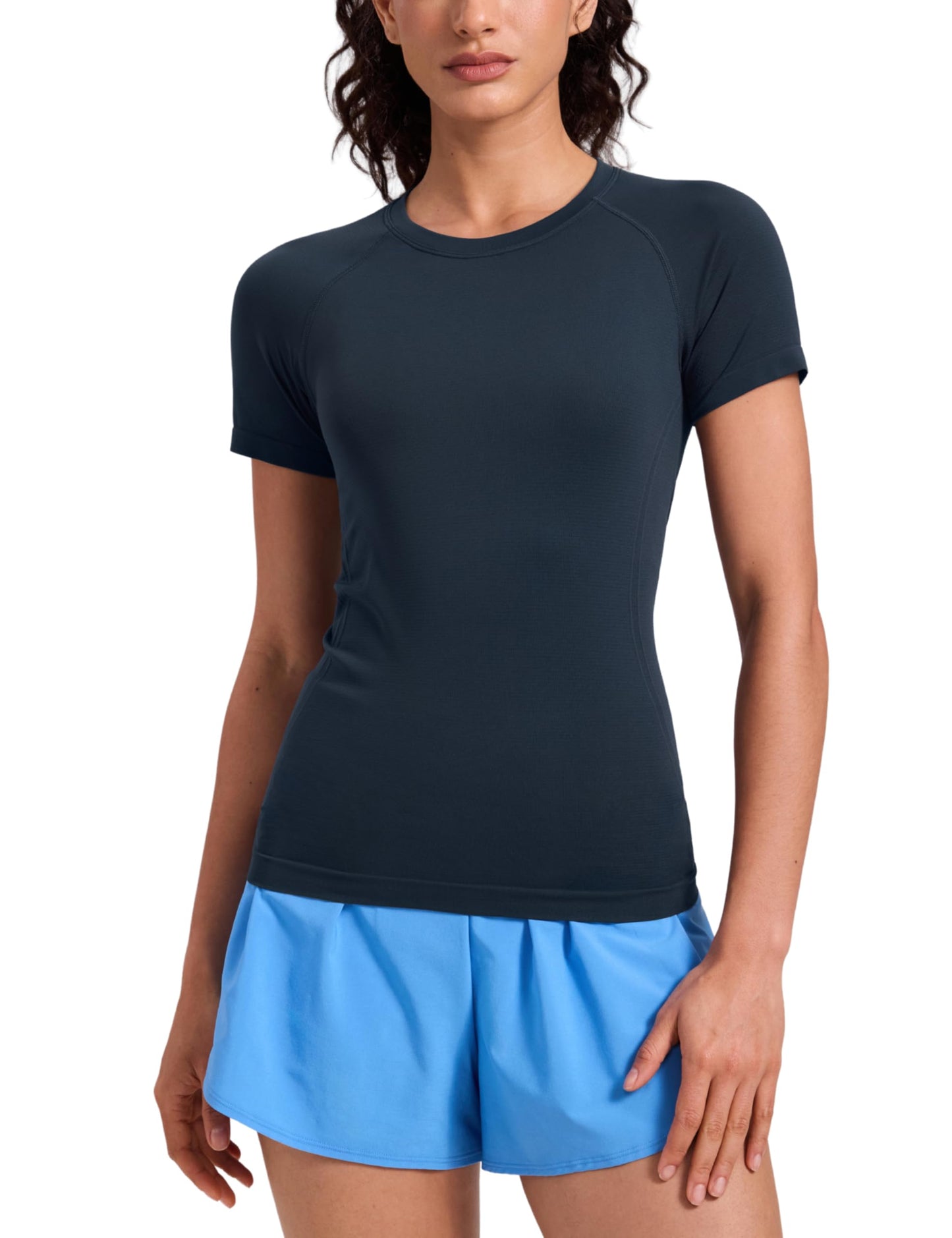 CRZ YOGA Seamless Workout Tops for Women Short Sleeve Athletic Tees Breathable Gym Running Yoga Shirts Twilight Blue Medium