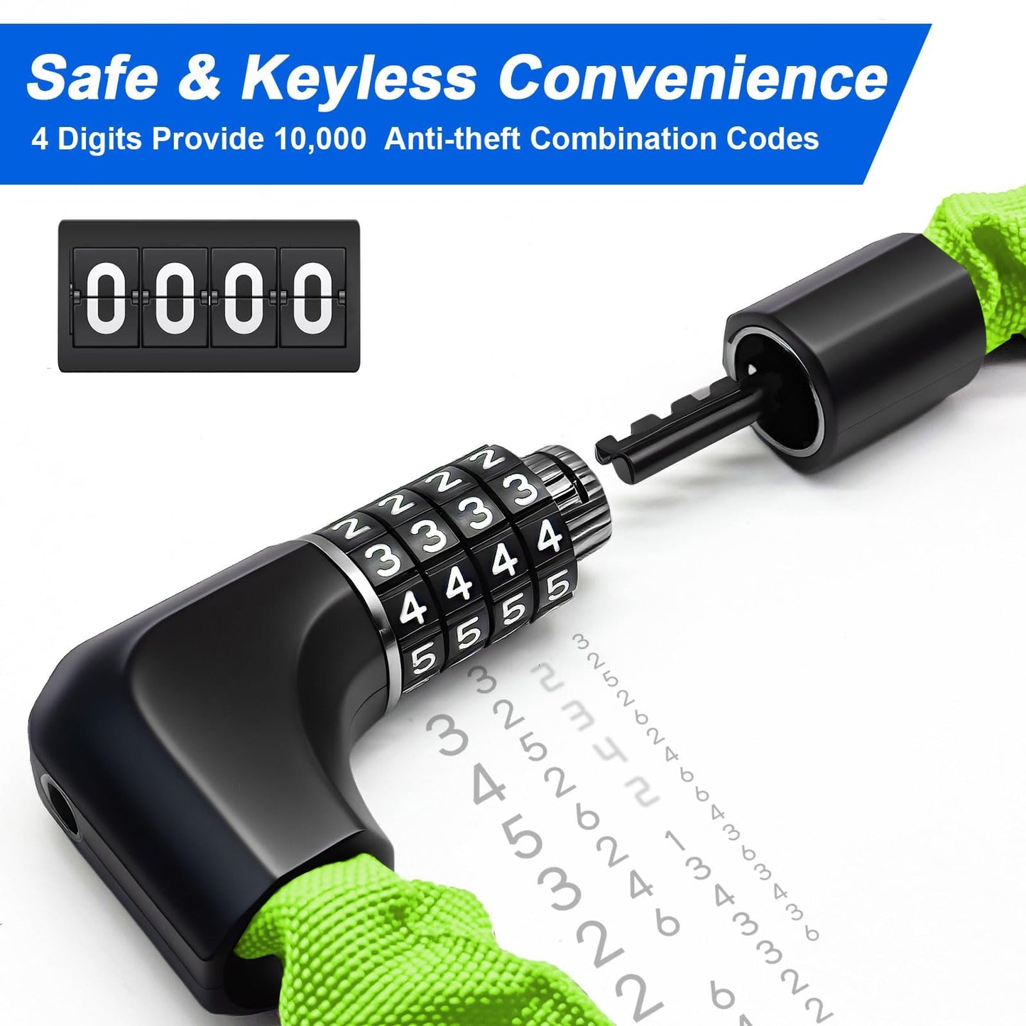 NDakter Upgrade Bike Chain Lock with 4 Digit Combination and 2 Keys, 1.64/2.3/3.2/4.28 Ft Heavy Duty Anti-Theft Bicycle Lock, 2 Ways to Unlock High Security Scooter Locks for Ebike, Escooter, Door