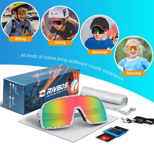 RIVBOS Youth Baseball Sunglasses for Kids(Boys&Girls) Polarized UV Protection Cycling Glasses WhiteBlack RabwDot-OrgnRabw lens RYS009