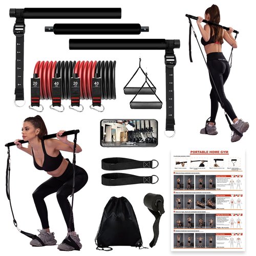Pilates bar kit Multiple Fitness bar with Resistance Bands, Ab Rollers.Core Strength Training Equipment. Squat Machine for Men and Women.Portable Home Gym Pilates bar kit for Full Body Training Women