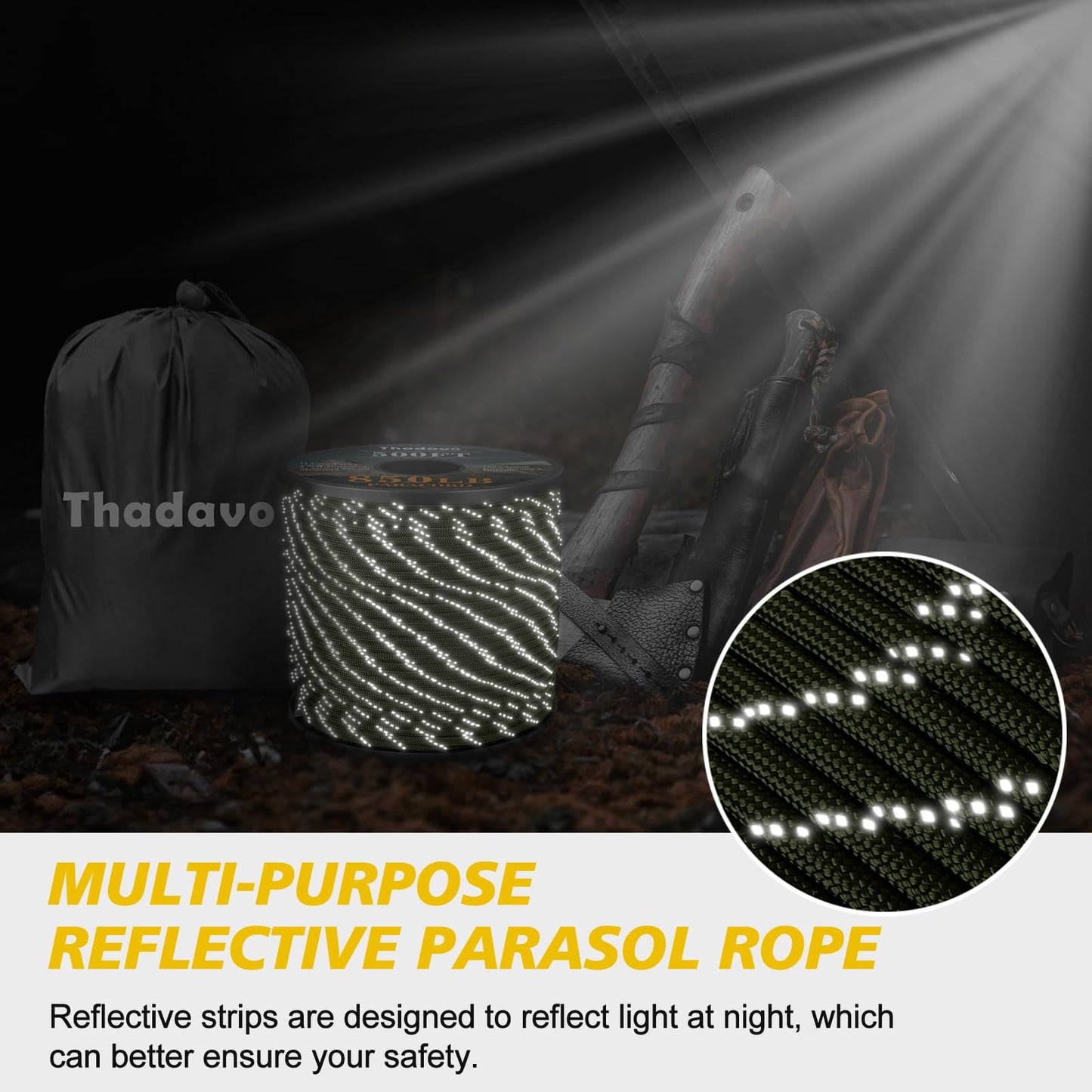 Thadavo Reflective Paracord Rope 850Ib, 50/100/200/500/1000ft 4MM 11 Strand Parachute Cords, Tactical Paracord String for Camping, Fishing, Clothesline, Hammock, Survival Bracelet, Army Green 200FT