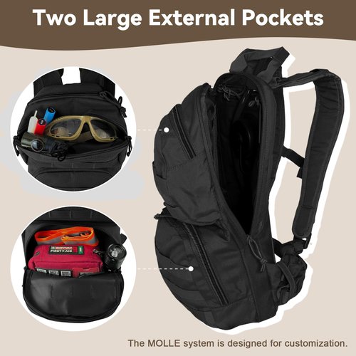 Hannibal Tactical Hydration Pack, 10L Water Backpack with 2.5L Water Bladder, MOLLE System for Outdoor Hiking, Biking, Running, Black