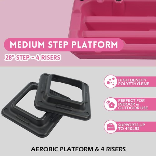 Fitvids Step Aerobic Platform with 4 Stackable Risers, 28'' Exercise Step Adjustable Height 4"-6''-8'', Fitness Training Workout Stepper for Home Gym, Cardio Strength, Black and Pink