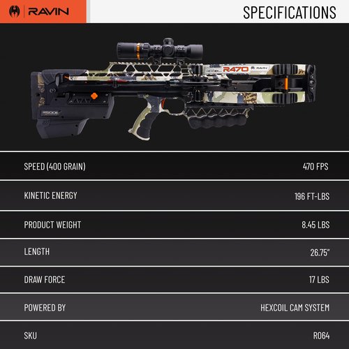 RAVIN R470E XK7 Crossbow Package for Archery & More – Electric Camo Bow w/Helicoil Technology, Versa-Draw Crank, & 100-Yard Scope w/Speed Lock – 470 FPS, Kings XK7 Camo – Pre-Assembled & Lightweight
