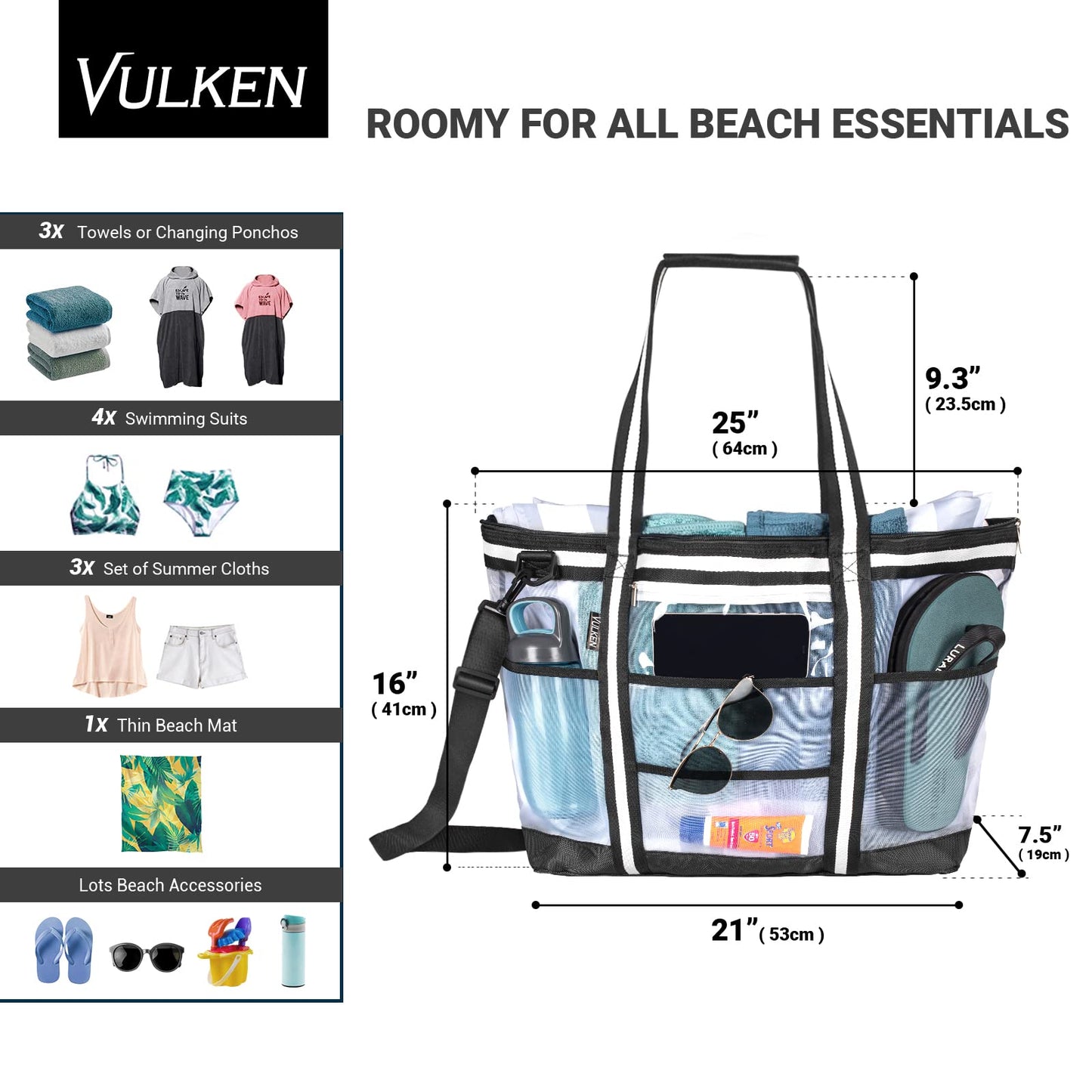 Vulken 42L Extra Large Mesh Beach Bag. 9 Pockets Top Zip Tote Bag Shoulder Bag. (Black&White)