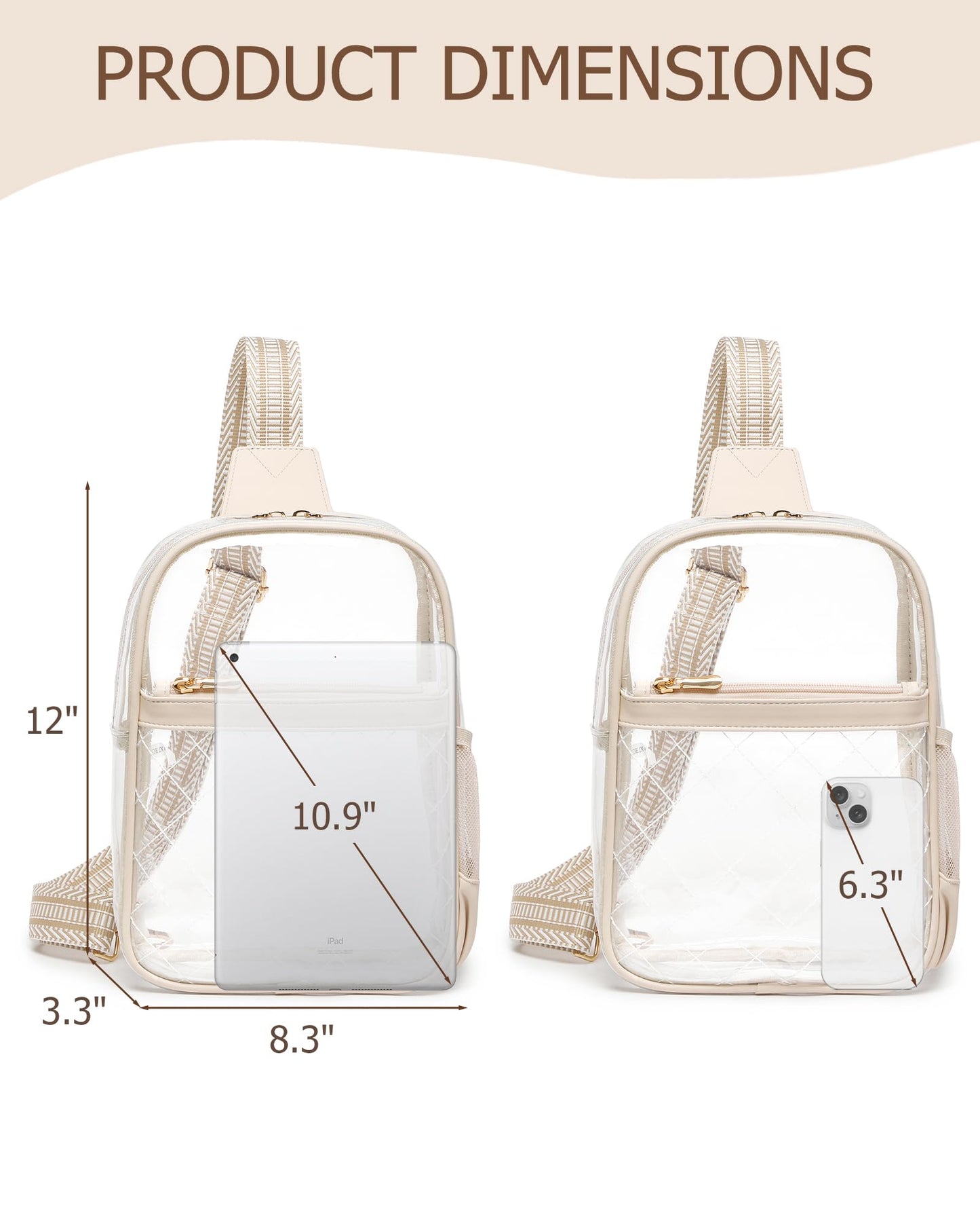 Clear Bag for Stadium Events, Clear Purse for Women, Transparent PVC Quilted Sport Concert Daily Crossbody Bag,Beige