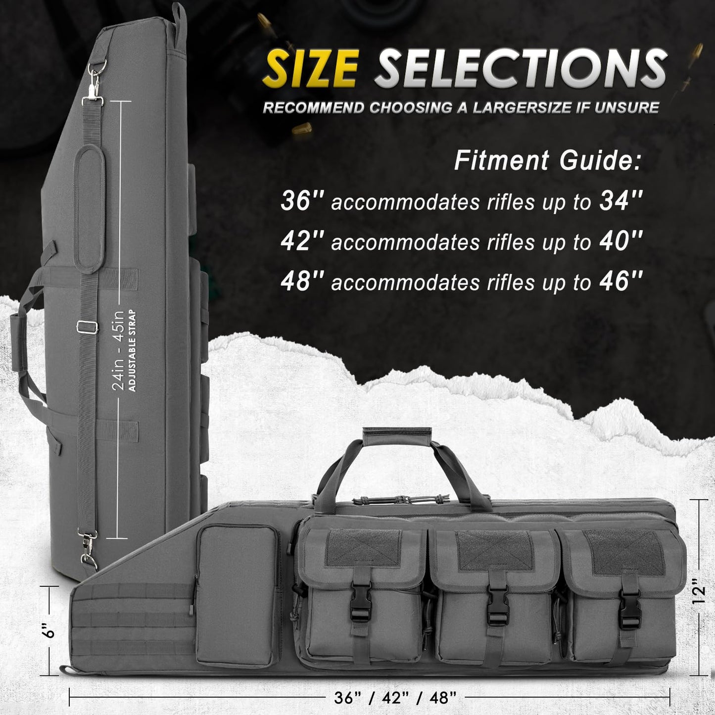 DULCE DOM Double Rifle Case 42'' Soft Gun Bag Tactical Backpack with Movable Divider for Hunting Shooting Range, MOLLE System Multiple Magazine Pouches & Accessory Bags (GREY)