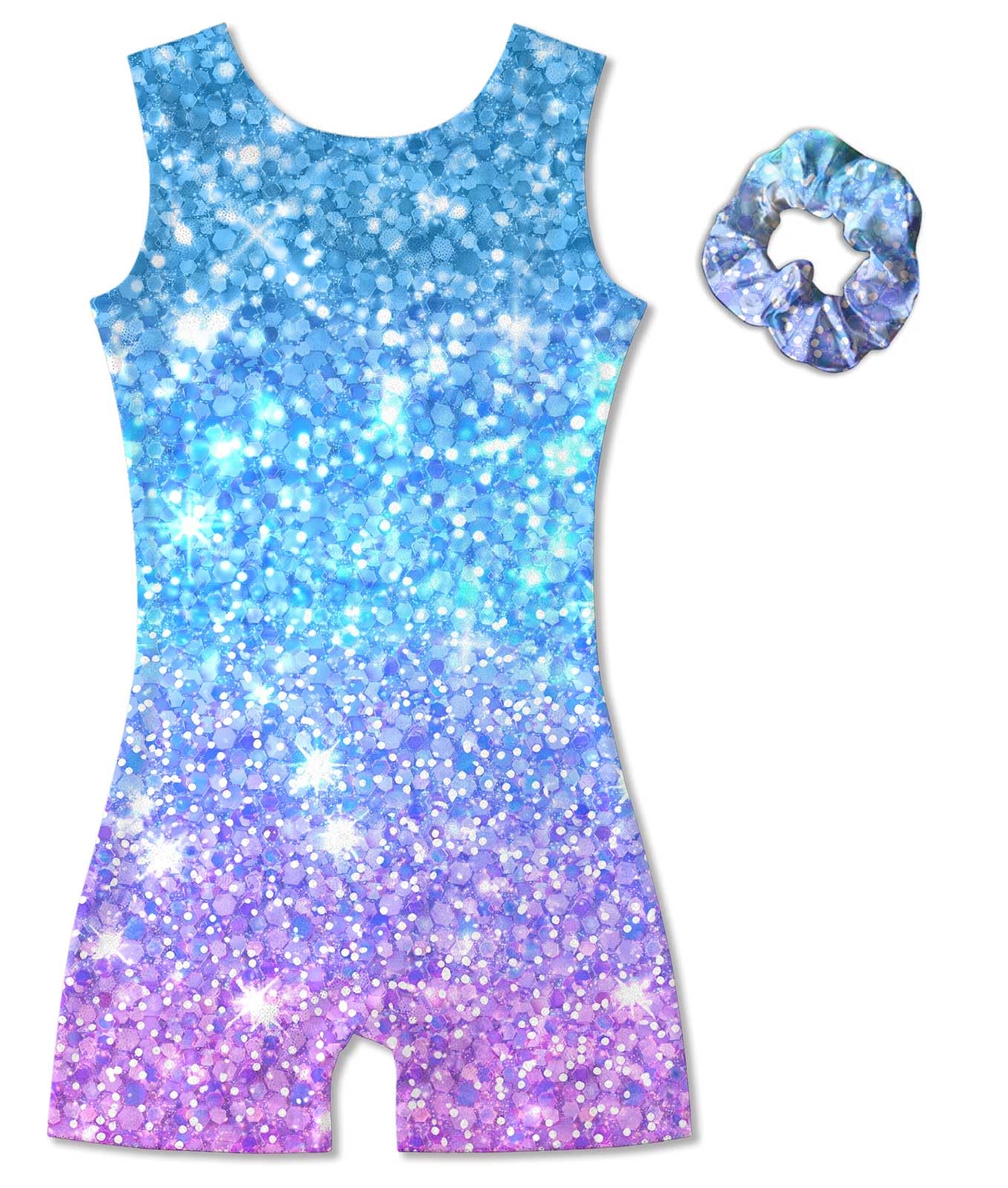Vogseek Gymnastics Leotards for Girls 9 10 Years Shiny Blue Purple Athletic Outfits with Hair Scrunchie Kids Cute Tank Sleeve Activewear Ballet Dance Unktards,Blue Purple