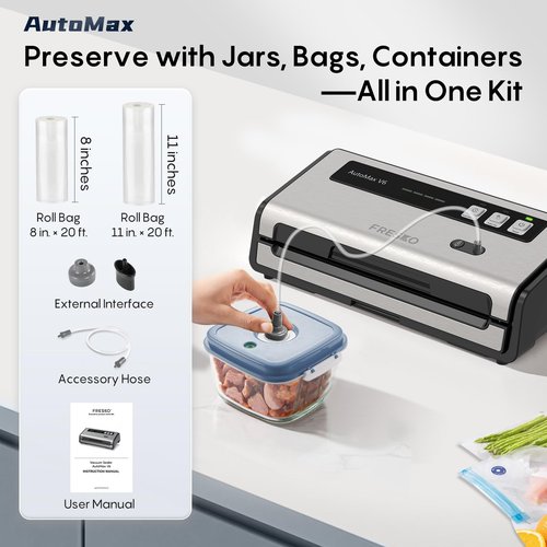 FRESKO Food Vacuum Sealer Machine with Automatic Bag Detection, Vacuum Sealer for Food with Built-in Cutter & Bags Storage, Double Heat Seal, 2 Rolls Bags, Silver-Black