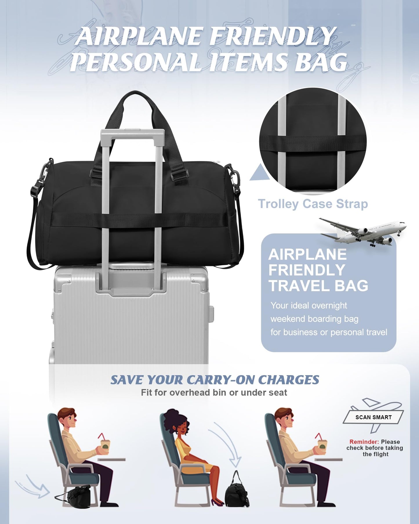 Gym Bag for Women with Shoe Compartment Lightweight Travel Duffle Bags Carry on Bag Overnight Weekender Duffel Bag with Wet Pocket Personal Item Travel Bag Tote Bag Workout Dance Bag Black