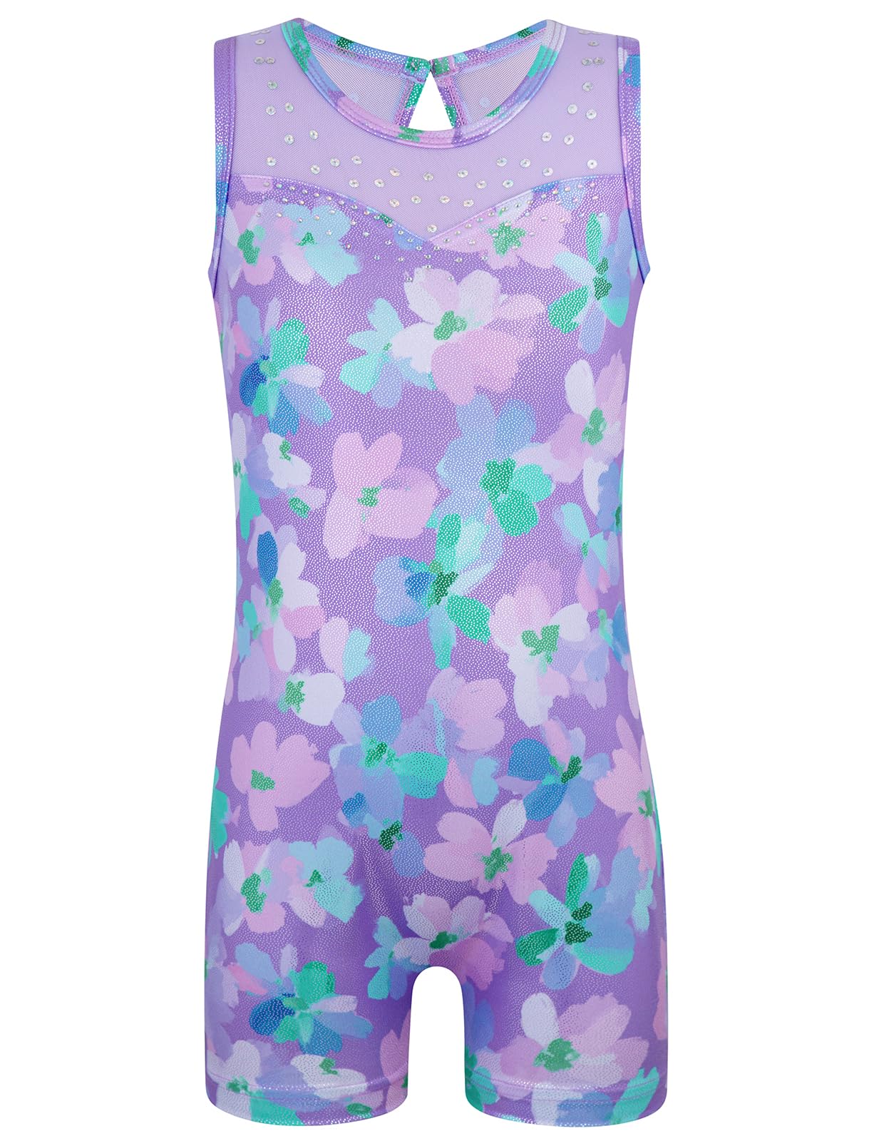 HOZIY Girls Leotards for Gymnastics 4t 5t Mesh Neckline with Iridescent Rhinestones Back Cut Out Sleeveless Purple Floral Biketard Shorts Tumbling Outfits Toddler Kids Sparkly Shiny