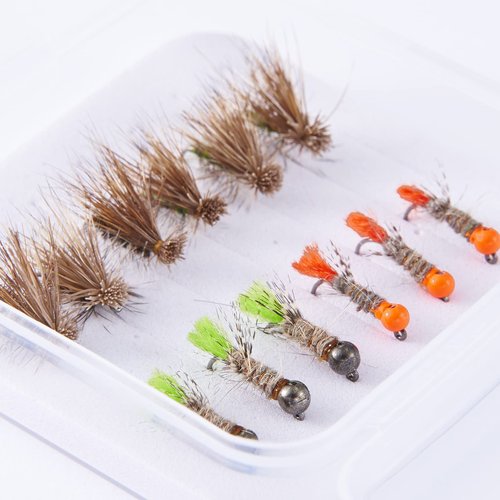 BASSDASH Trout Fly Fishing Flies Tenkara Wet Dry Flies Nymphs Sakasa Kebari 12pcs Assortment Barbless Barbed Hooks
