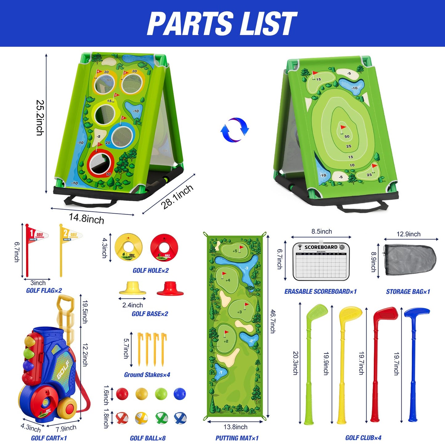 HYES 3 in 1 Toddler Golf Set with Putting Mat & Sticky/Golf Game, Kids Golf Club with 8 Balls, 4 Plastic Clubs, Scoreboard, Indoor Outdoor Sport Toys with Golf Cart Gift for Boys Girls Aged 2-5, Blue