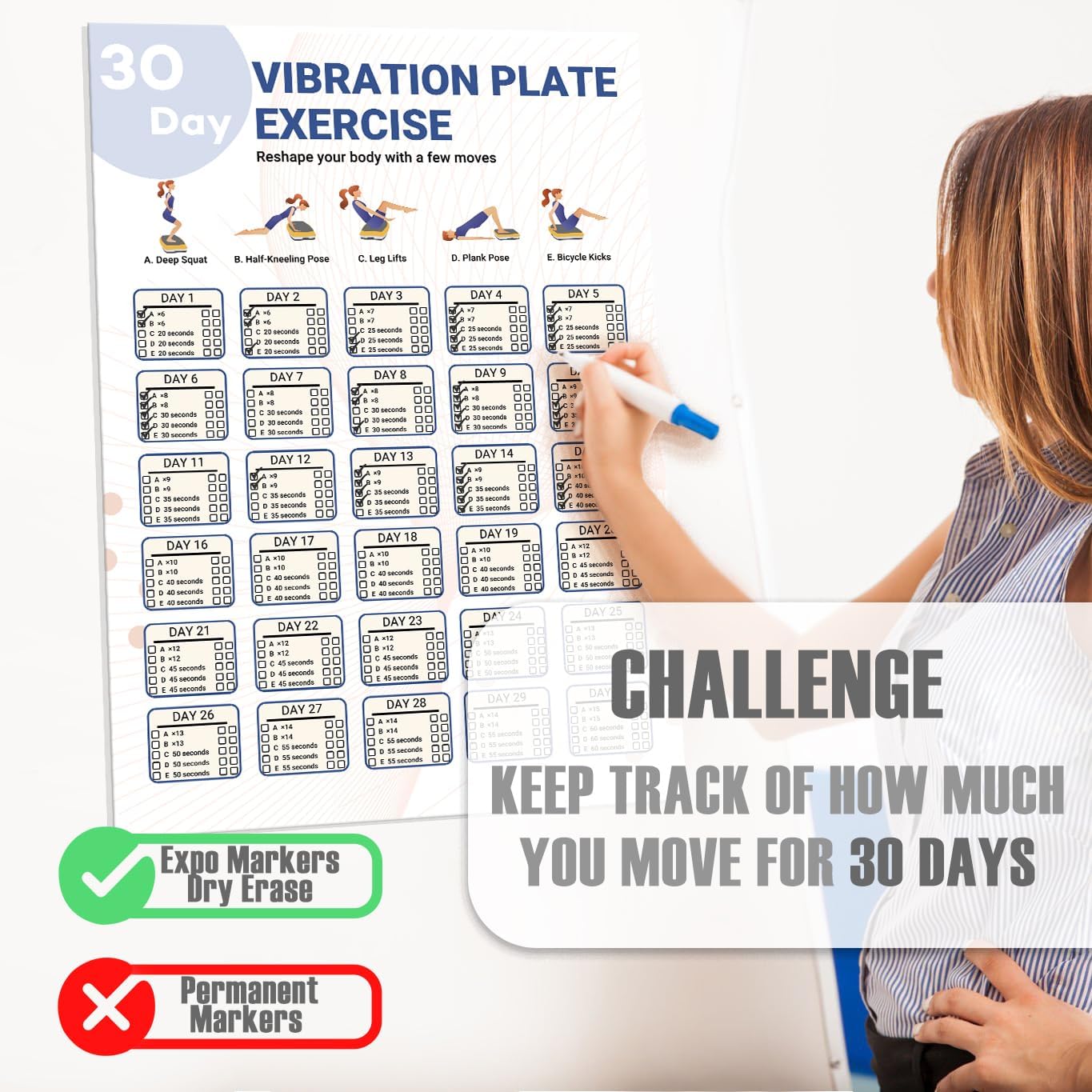 2 packs Vibration Plate Exercise Poster, 30 Day Workout Chart for Fitness Training