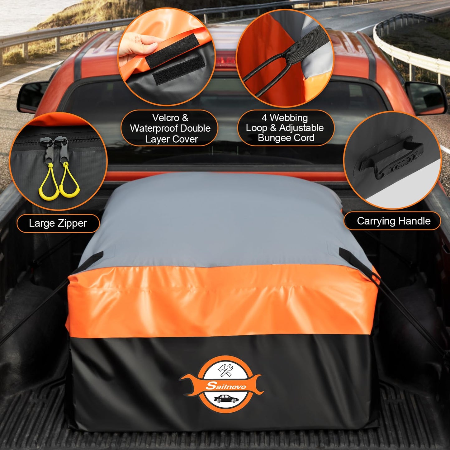 Sailnovo Truck Bed Cargo Bag, 38 Cubic ft Waterproof Cargo Bag for Truck Bed, Heavy Duty PVC Truck Cargo Bag Fits Any Truck Size with 6 Stretch Cord, Packing Bag (59''x48''x23'')
