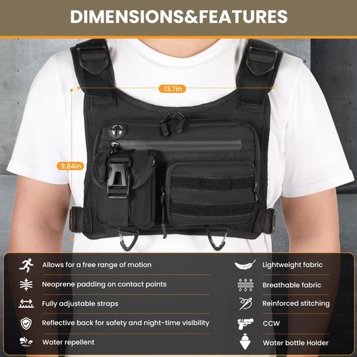 DegeTMVe Tactical Running Chest Bag with Anti-Bounce Design, Water-Repellent & Concealed Pistol Holster – Adjustable 4-Strap, Water Bottle Holder, Reflective Safety for Hiking, Cycling, Workouts