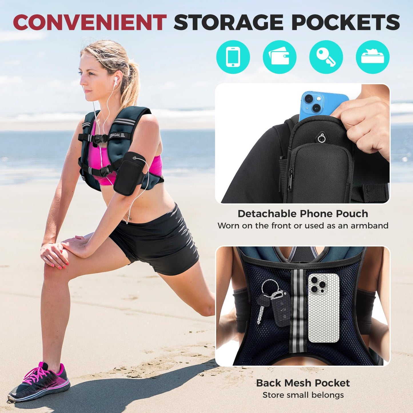 BAGAIL Comfort-Fit Weighted Vest for Woman, Even Weight Distribution, Faster Weight Loss, No-Chafe or Bounce for Walking & Running with Detachable Phone Pouch & Reflective Stripes (Available 5-30lbs)