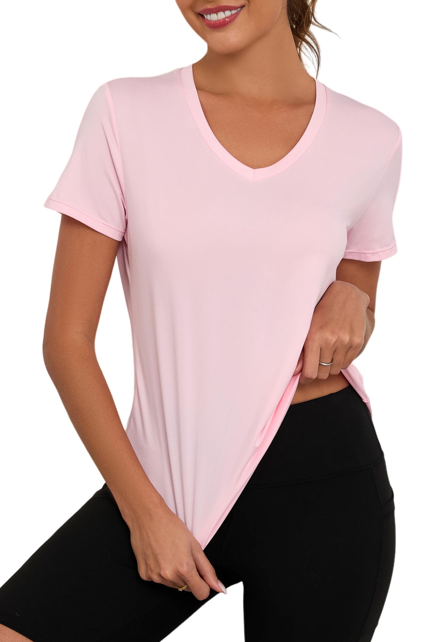 KevaMolly Pink Workout Tops for Women V Neck UPF50+ Breathable Loose Fit Yoga T Shirts Short Sleeve Running Gym Athletic Tee Top M