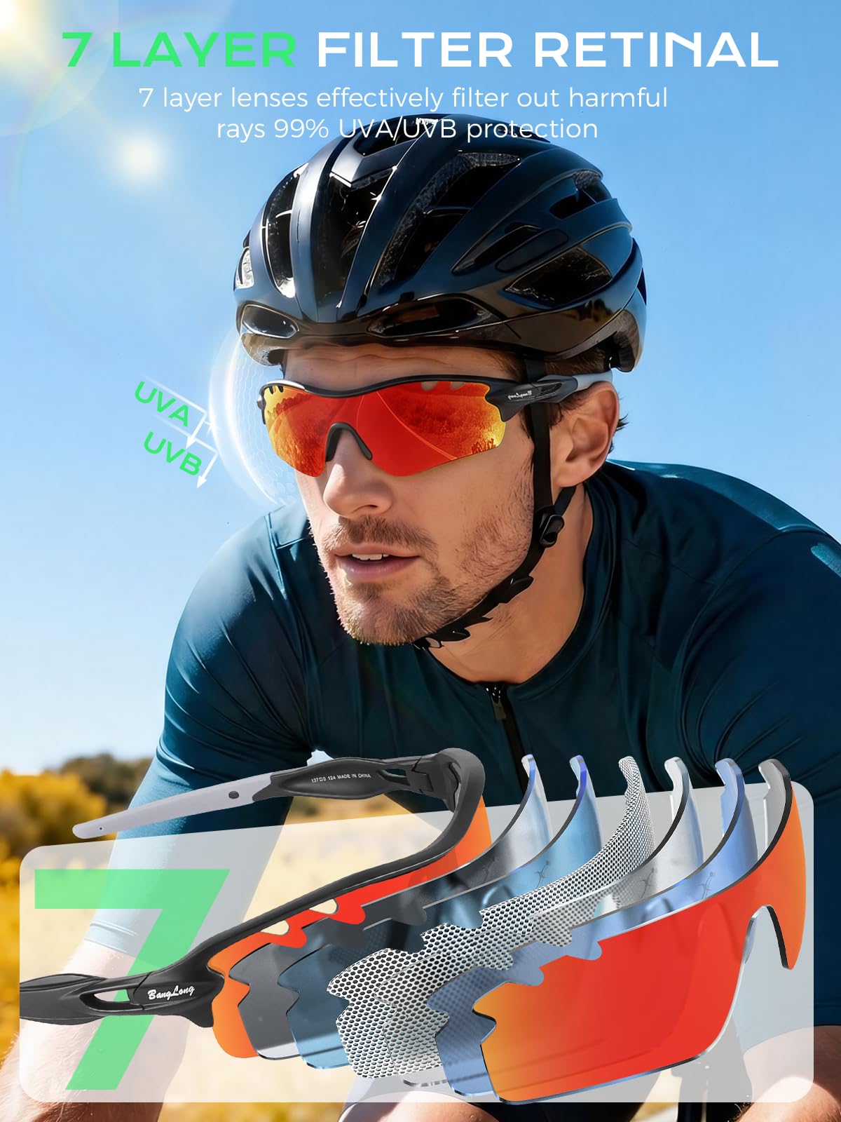 BangLong Polarized Cycling Sunglasses for Men Women, 26g Sports Sunglasses with 5 Interchangeable Lenses, UV400 Lightweight Bike Glasses with Prescription Insert for Running Fishing Baseball Driving
